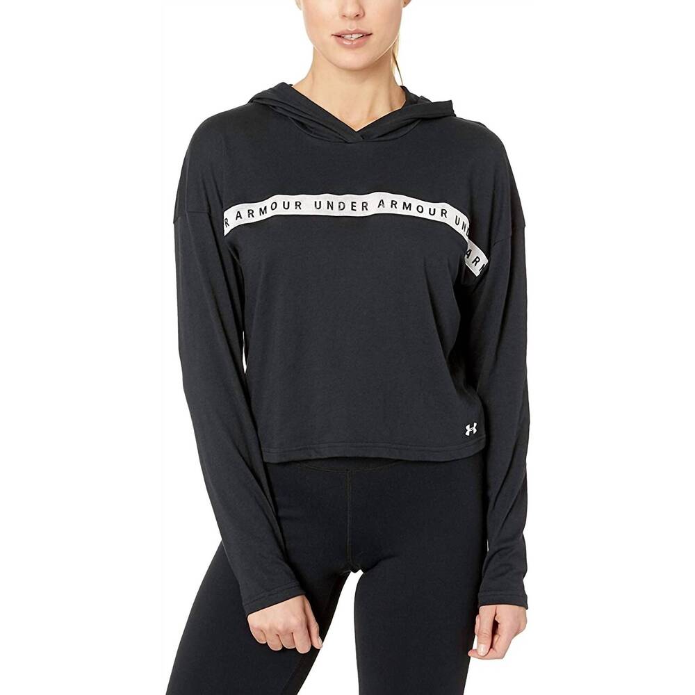 NEW UNDER ARMOUR women's activewear logo taped cropped hoodie in black/white